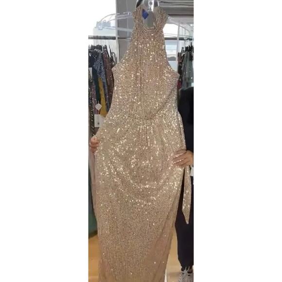 MAC DUGGAL 11281 Sequined Halter Belted Soft Tie Gown, Size 4, New with Tag $398 - Picture 13 of 13